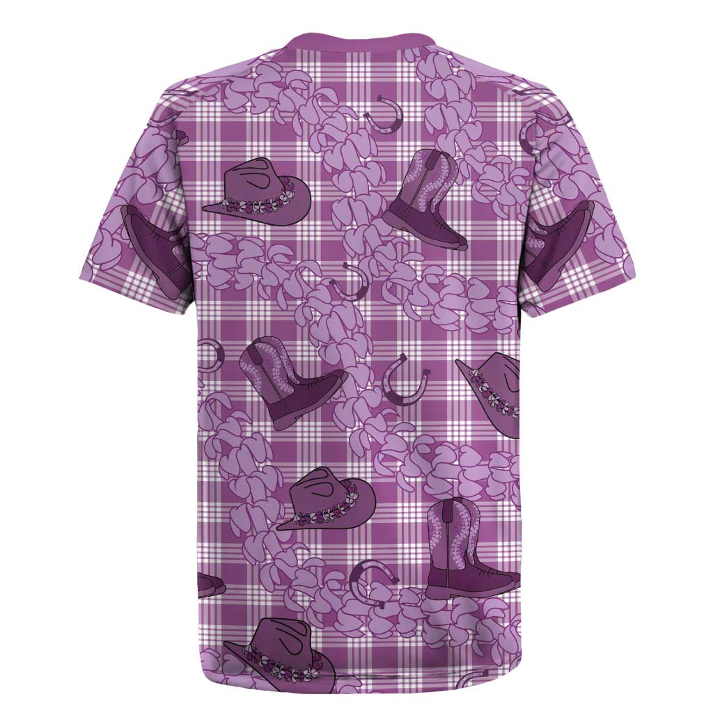 Purple Palaka Hawaii Cowboy Rugby Jersey Puakenikeni Lei Paniolo Papale Seamless Vibes - Polynesian Pride