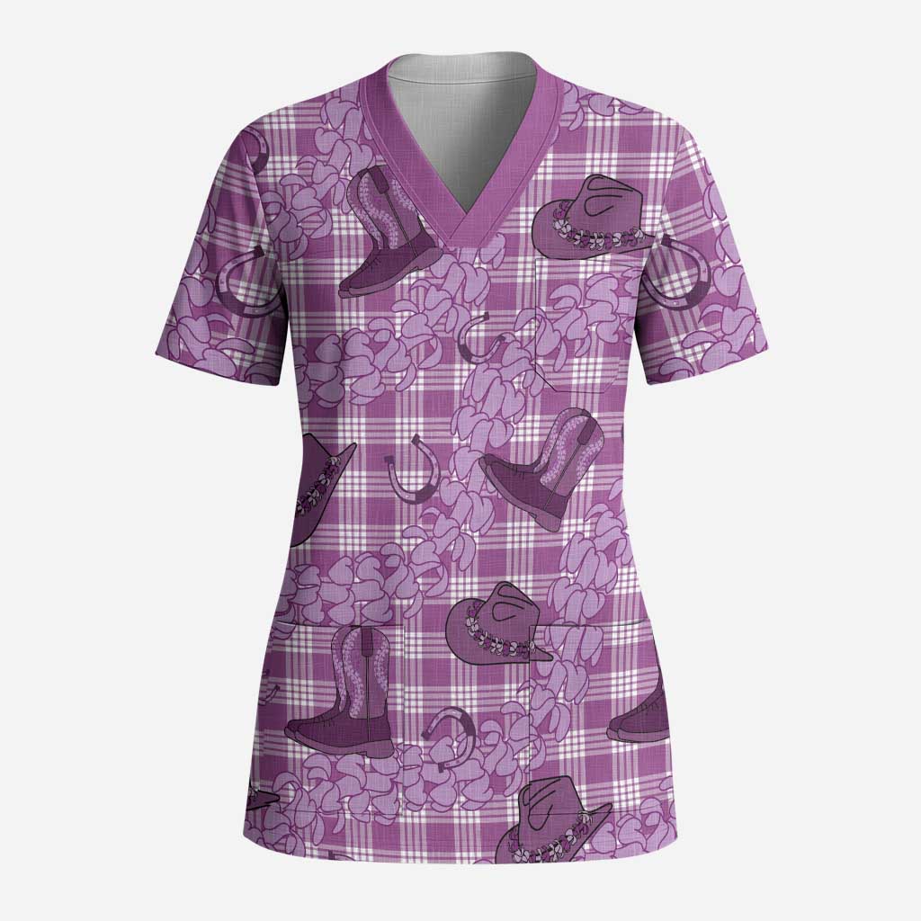 Purple Palaka Hawaii Cowboy Scrub Top Puakenikeni Lei Paniolo Papale Seamless Vibes - Polynesian Pride