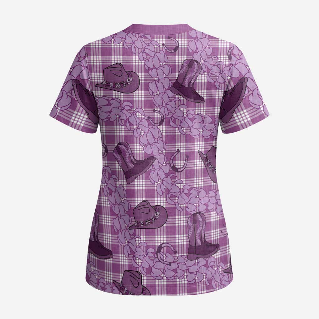 Purple Palaka Hawaii Cowboy Scrub Top Puakenikeni Lei Paniolo Papale Seamless Vibes - Polynesian Pride