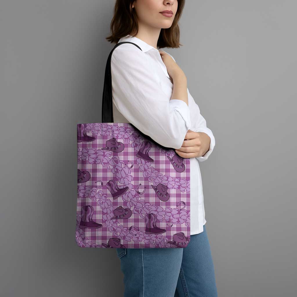 Purple Palaka Hawaii Cowboy Tote Bag Puakenikeni Lei Paniolo Papale Seamless Vibes - Polynesian Pride