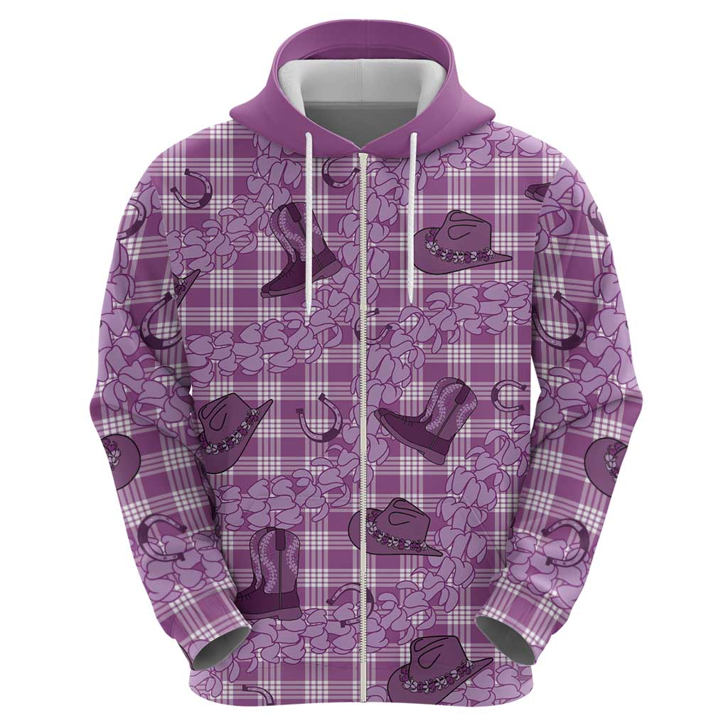 Purple Palaka Hawaii Cowboy Zip Hoodie Puakenikeni Lei Paniolo Papale Seamless Vibes - Polynesian Pride