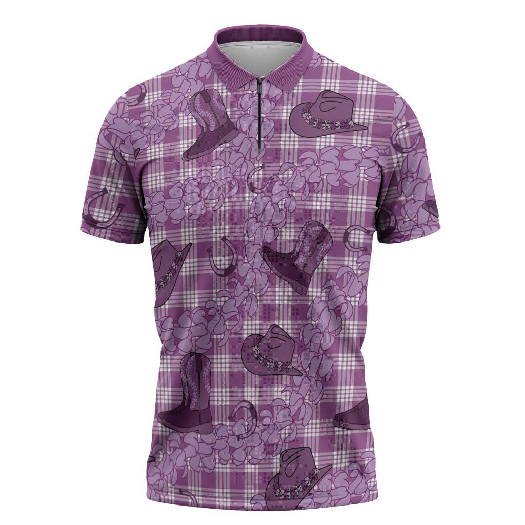 Purple Palaka Hawaii Cowboy Zipper Polo Shirt Puakenikeni Lei Paniolo Papale Seamless Vibes - Polynesian Pride