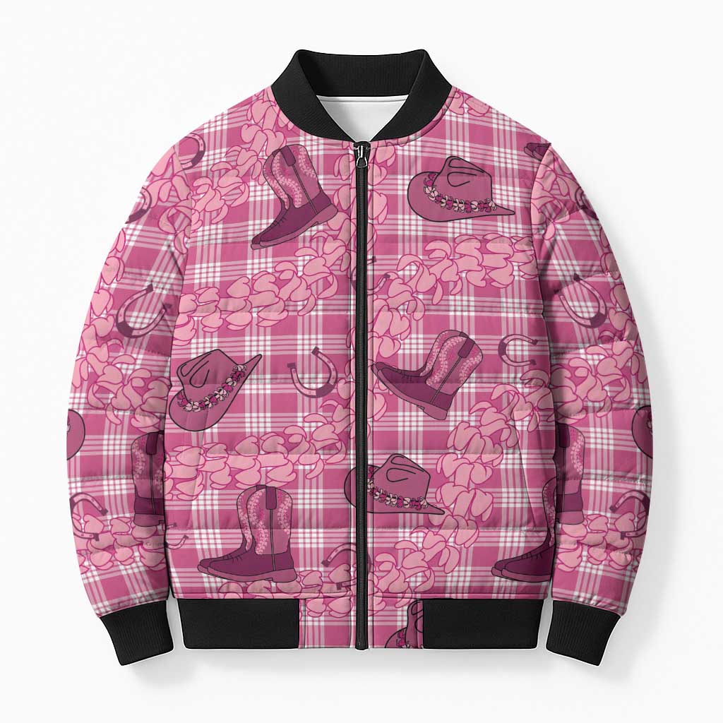 Pink Palaka Hawaii Cowboy Bomber Puffer Jacket Puakenikeni Lei Paniolo Papale Seamless Vibes LT14 Unisex Pink - Polynesian Pride