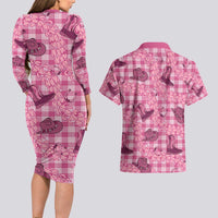 Pink Palaka Hawaii Cowboy Couples Matching Long Sleeve Bodycon Dress and Hawaiian Shirt Puakenikeni Lei Paniolo Papale Seamless Vibes - Polynesian Pride
