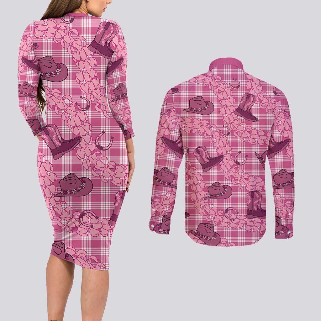 Pink Palaka Hawaii Cowboy Couples Matching Long Sleeve Bodycon Dress and Long Sleeve Button Shirt Puakenikeni Lei Paniolo Papale Seamless Vibes - Polynesian Pride