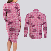 Pink Palaka Hawaii Cowboy Couples Matching Long Sleeve Bodycon Dress and Long Sleeve Button Shirt Puakenikeni Lei Paniolo Papale Seamless Vibes - Polynesian Pride