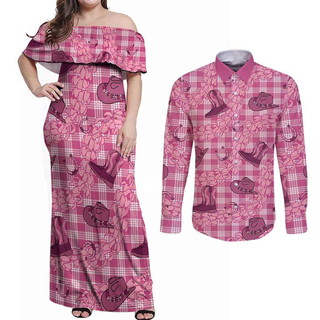 Pink Palaka Hawaii Cowboy Couples Matching Off Shoulder Maxi Dress and Long Sleeve Button Shirt Puakenikeni Lei Paniolo Papale Seamless Vibes - Polynesian Pride