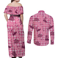 Pink Palaka Hawaii Cowboy Couples Matching Off Shoulder Maxi Dress and Long Sleeve Button Shirt Puakenikeni Lei Paniolo Papale Seamless Vibes - Polynesian Pride