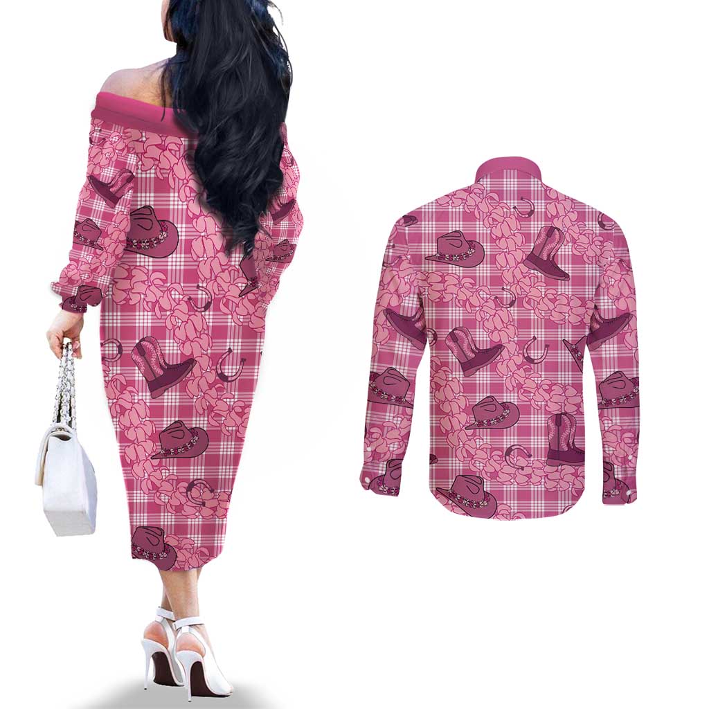 Pink Palaka Hawaii Cowboy Couples Matching Off The Shoulder Long Sleeve Dress and Long Sleeve Button Shirt Puakenikeni Lei Paniolo Papale Seamless Vibes - Polynesian Pride