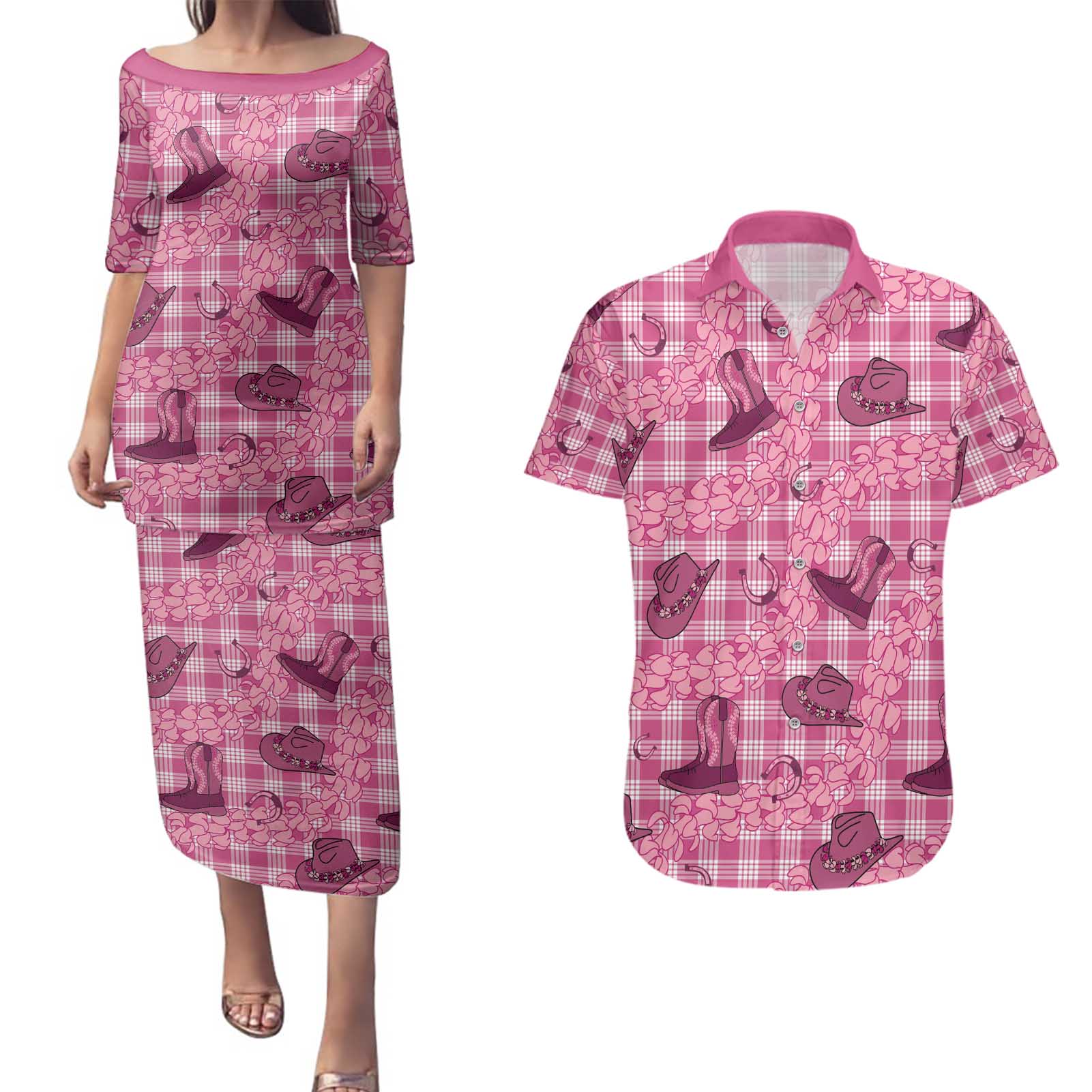 Pink Palaka Hawaii Cowboy Couples Matching Puletasi and Hawaiian Shirt Puakenikeni Lei Paniolo Papale Seamless Vibes - Polynesian Pride