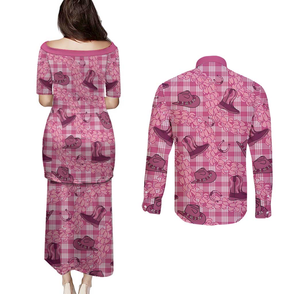 Pink Palaka Hawaii Cowboy Couples Matching Puletasi and Long Sleeve Button Shirt Puakenikeni Lei Paniolo Papale Seamless Vibes - Polynesian Pride