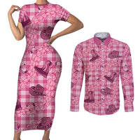 Pink Palaka Hawaii Cowboy Couples Matching Short Sleeve Bodycon Dress and Long Sleeve Button Shirt Puakenikeni Lei Paniolo Papale Seamless Vibes - Polynesian Pride