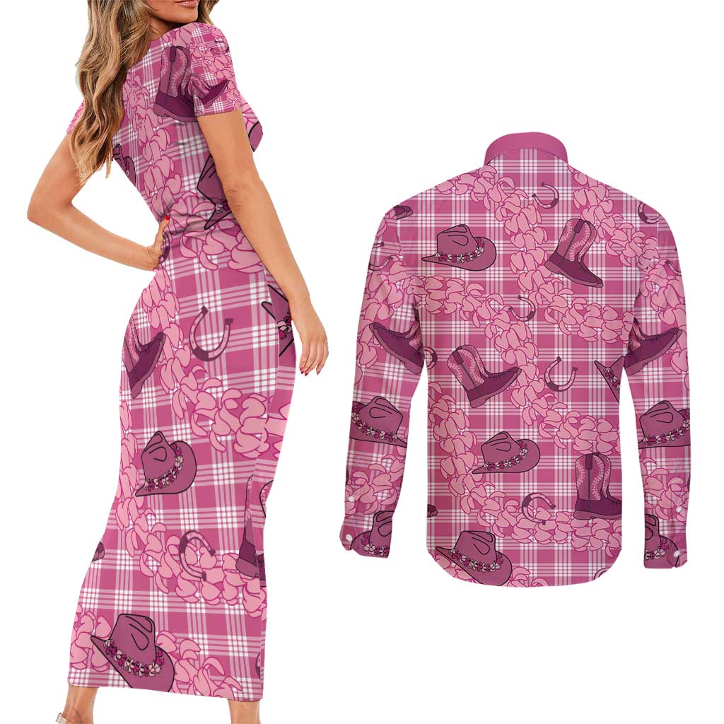 Pink Palaka Hawaii Cowboy Couples Matching Short Sleeve Bodycon Dress and Long Sleeve Button Shirt Puakenikeni Lei Paniolo Papale Seamless Vibes - Polynesian Pride