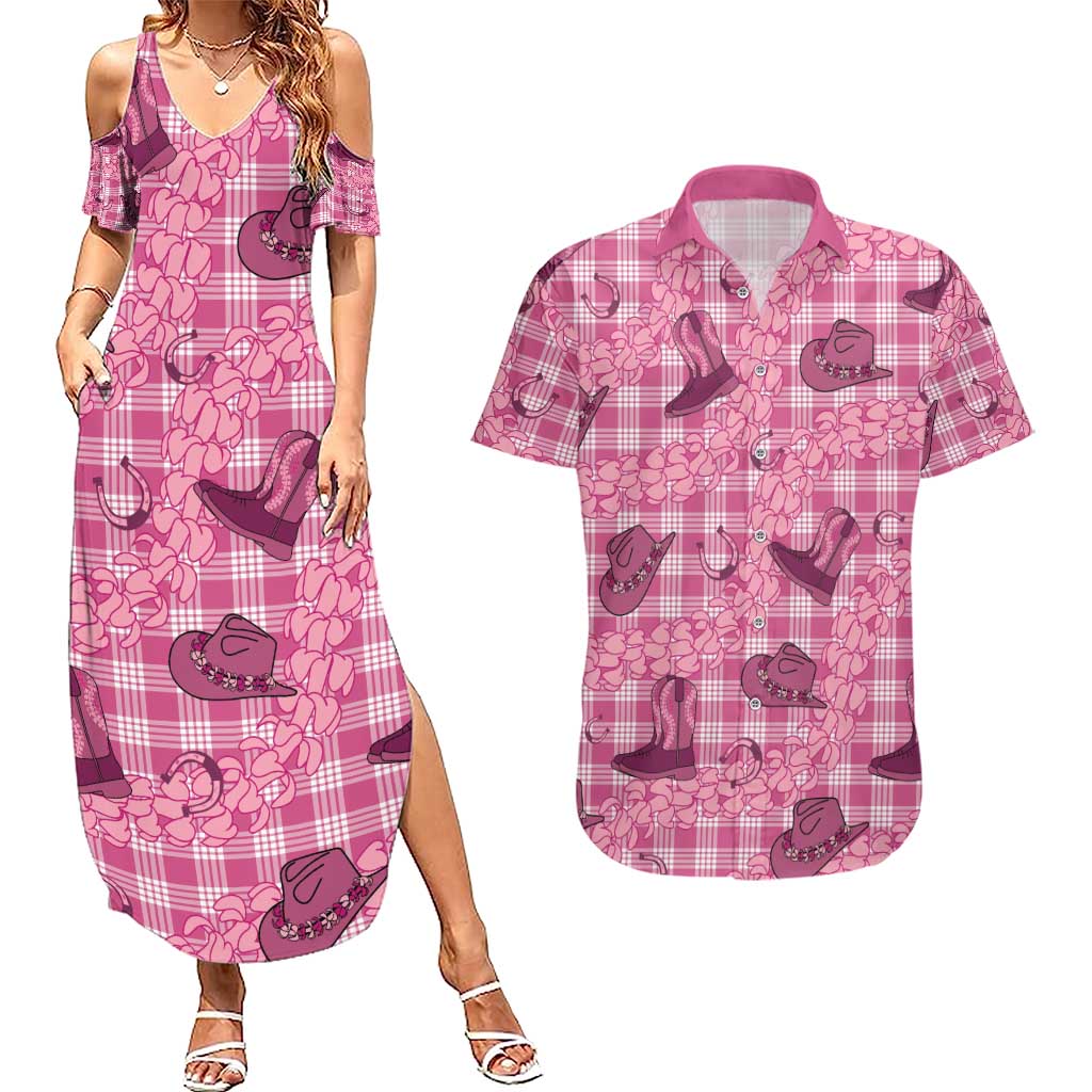 Pink Palaka Hawaii Cowboy Couples Matching Summer Maxi Dress and Hawaiian Shirt Puakenikeni Lei Paniolo Papale Seamless Vibes - Polynesian Pride