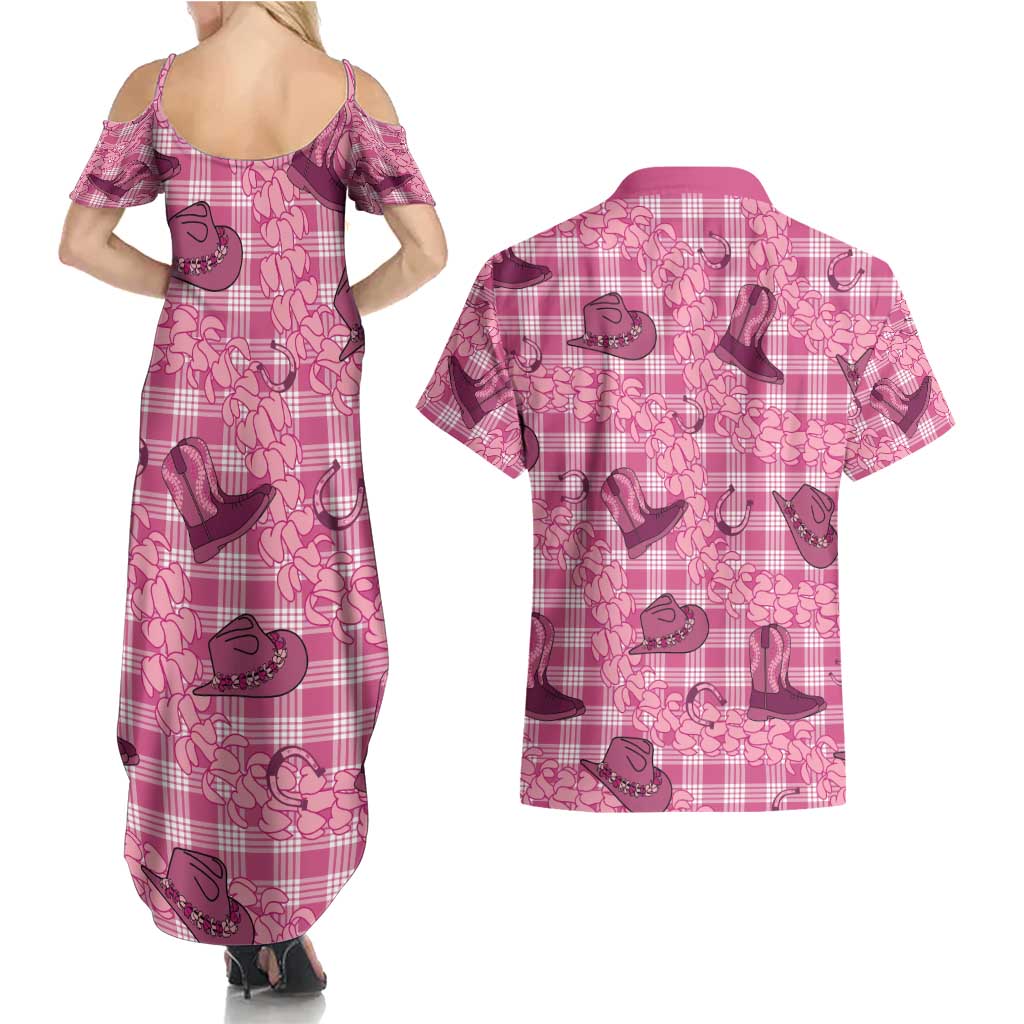 Pink Palaka Hawaii Cowboy Couples Matching Summer Maxi Dress and Hawaiian Shirt Puakenikeni Lei Paniolo Papale Seamless Vibes - Polynesian Pride