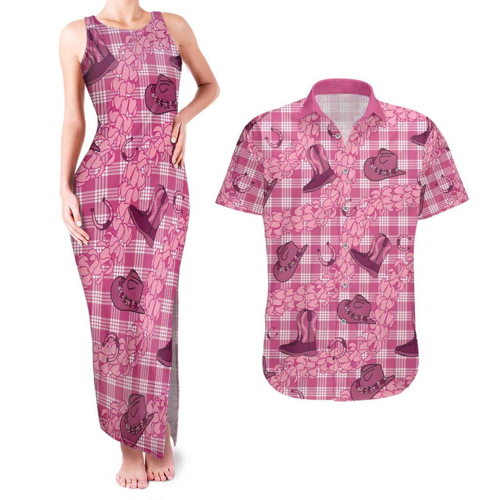 Pink Palaka Hawaii Cowboy Couples Matching Tank Maxi Dress and Hawaiian Shirt Puakenikeni Lei Paniolo Papale Seamless Vibes - Polynesian Pride