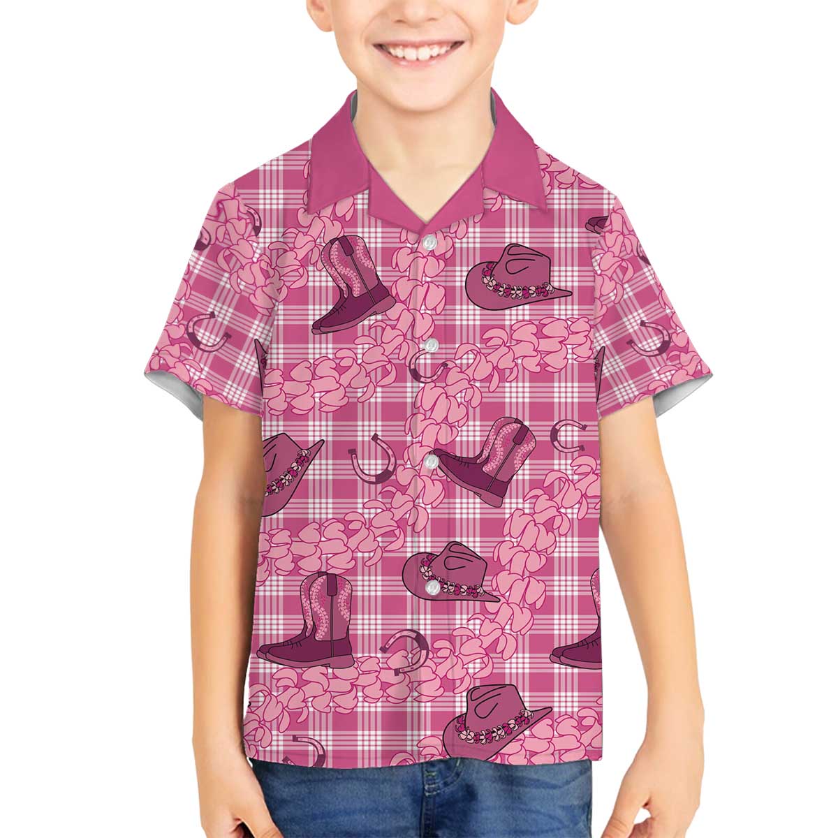 Pink Palaka Hawaii Cowboy Family Matching Off The Shoulder Long Sleeve Dress and Hawaiian Shirt Puakenikeni Lei Paniolo Papale Seamless Vibes - Polynesian Pride