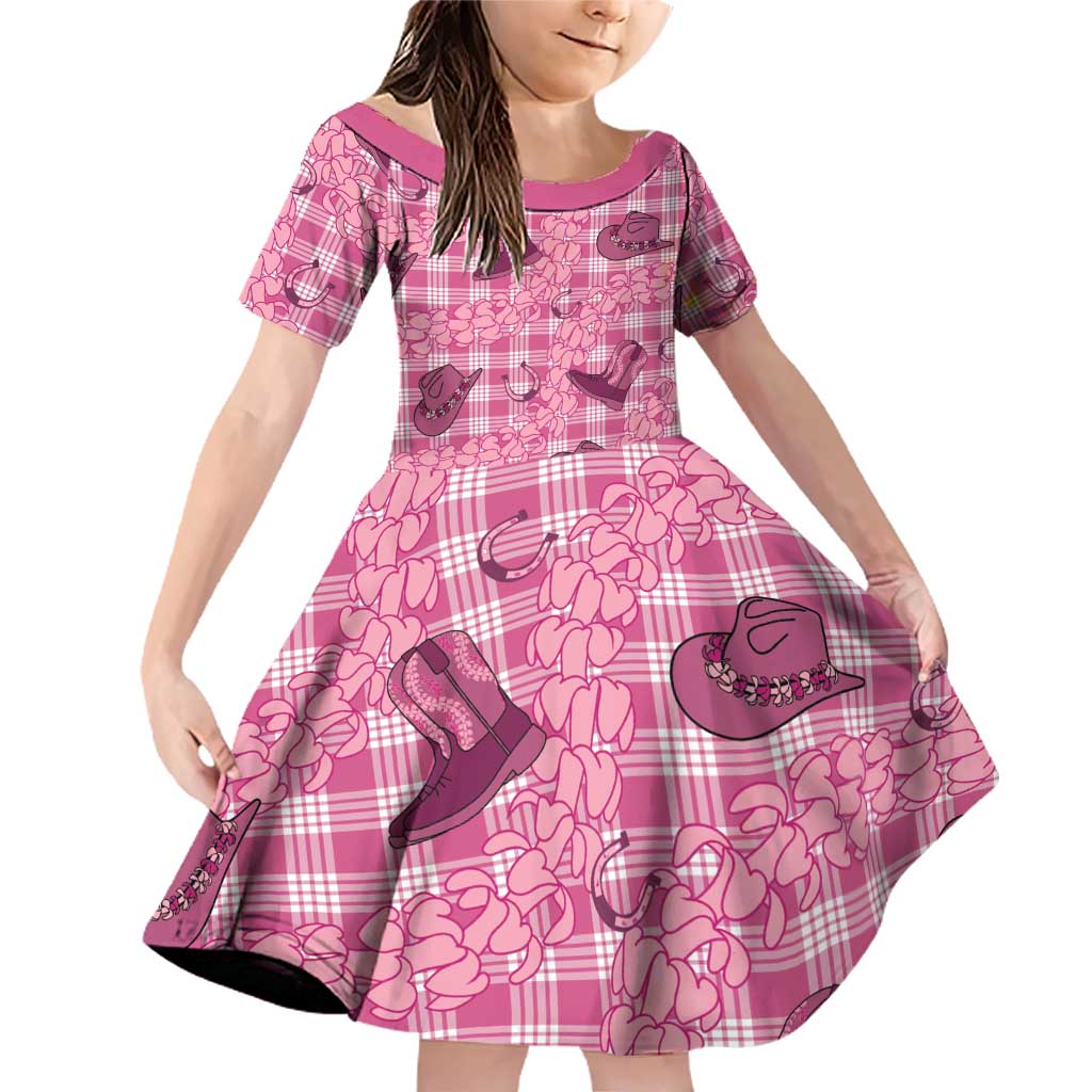 Pink Palaka Hawaii Cowboy Family Matching Off Shoulder Short Dress and Hawaiian Shirt Puakenikeni Lei Paniolo Papale Seamless Vibes - Polynesian Pride