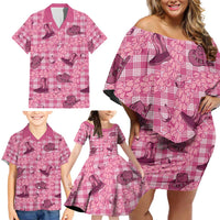 Pink Palaka Hawaii Cowboy Family Matching Off Shoulder Short Dress and Hawaiian Shirt Puakenikeni Lei Paniolo Papale Seamless Vibes - Polynesian Pride