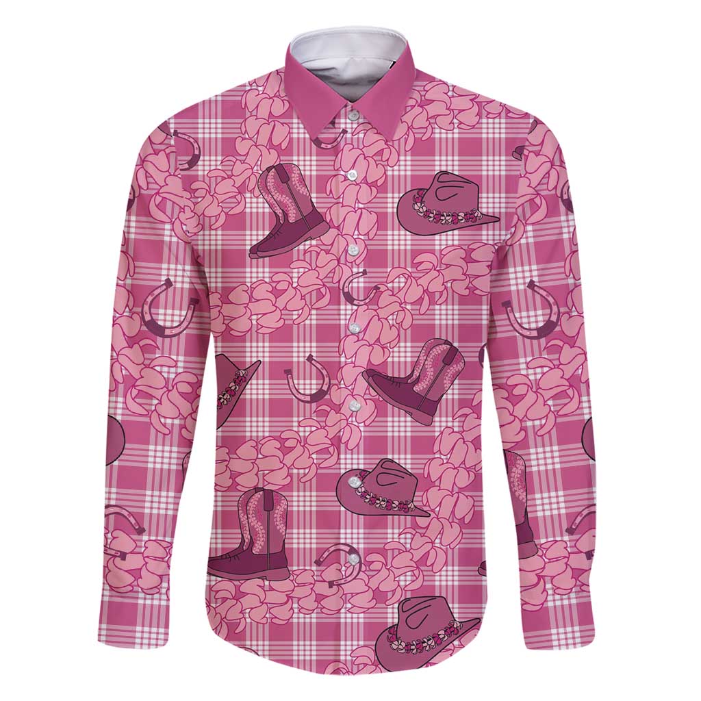 Pink Palaka Hawaii Cowboy Family Matching Off Shoulder Short Dress and Hawaiian Shirt Puakenikeni Lei Paniolo Papale Seamless Vibes - Polynesian Pride