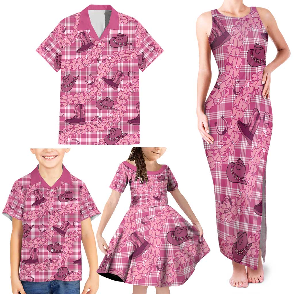 Pink Palaka Hawaii Cowboy Family Matching Tank Maxi Dress and Hawaiian Shirt Puakenikeni Lei Paniolo Papale Seamless Vibes - Polynesian Pride