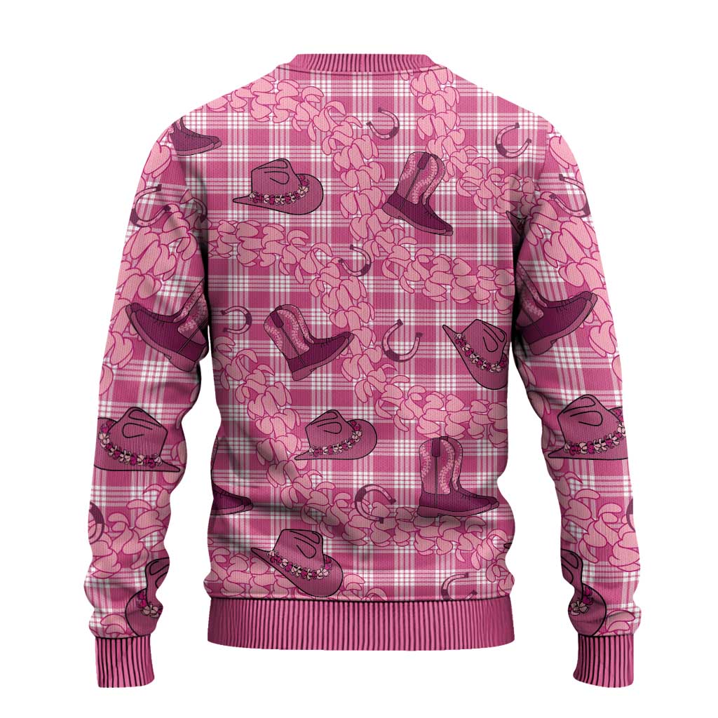 Pink Palaka Hawaii Cowboy Ugly Christmas Sweater Puakenikeni Lei Paniolo Papale Seamless Vibes - Polynesian Pride