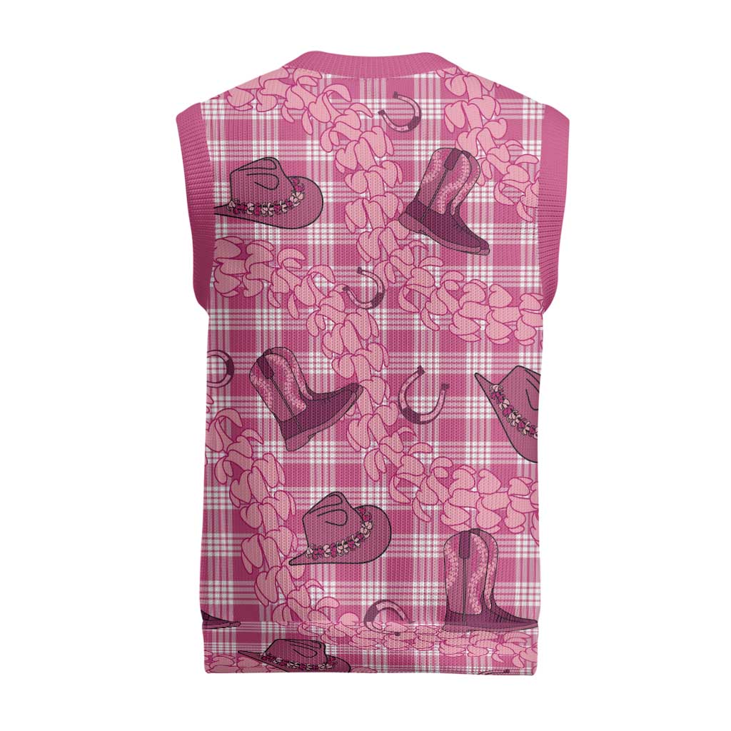 Pink Palaka Hawaii Cowboy Christmas Knitted V-Neck Vest Puakenikeni Lei Paniolo Papale Seamless Vibes - Polynesian Pride