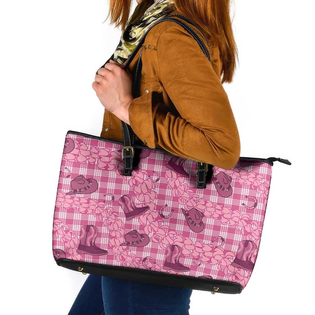 Pink Palaka Hawaii Cowboy Leather Tote Bag Puakenikeni Lei Paniolo Papale Seamless Vibes LT14 Pink - Polynesian Pride
