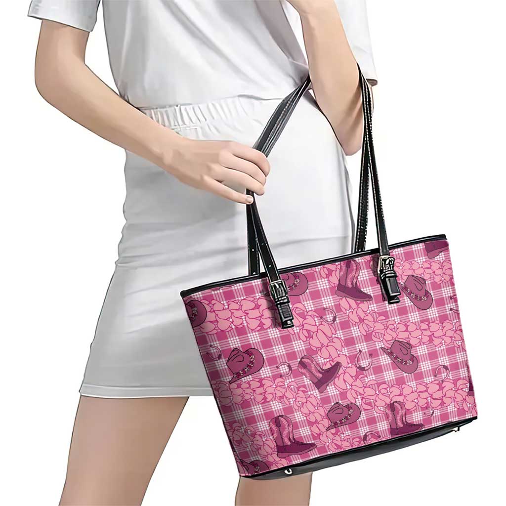 Pink Palaka Hawaii Cowboy Leather Tote Bag Puakenikeni Lei Paniolo Papale Seamless Vibes LT14 - Polynesian Pride