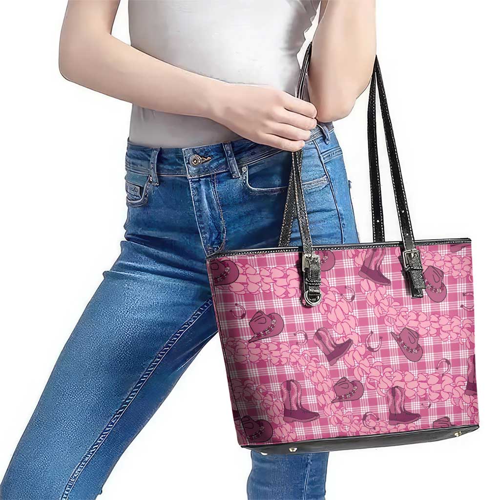 Pink Palaka Hawaii Cowboy Leather Tote Bag Puakenikeni Lei Paniolo Papale Seamless Vibes LT14 - Polynesian Pride