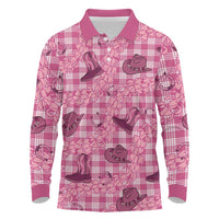 Pink Palaka Hawaii Cowboy Long Sleeve Polo Shirt Puakenikeni Lei Paniolo Papale Seamless Vibes - Polynesian Pride