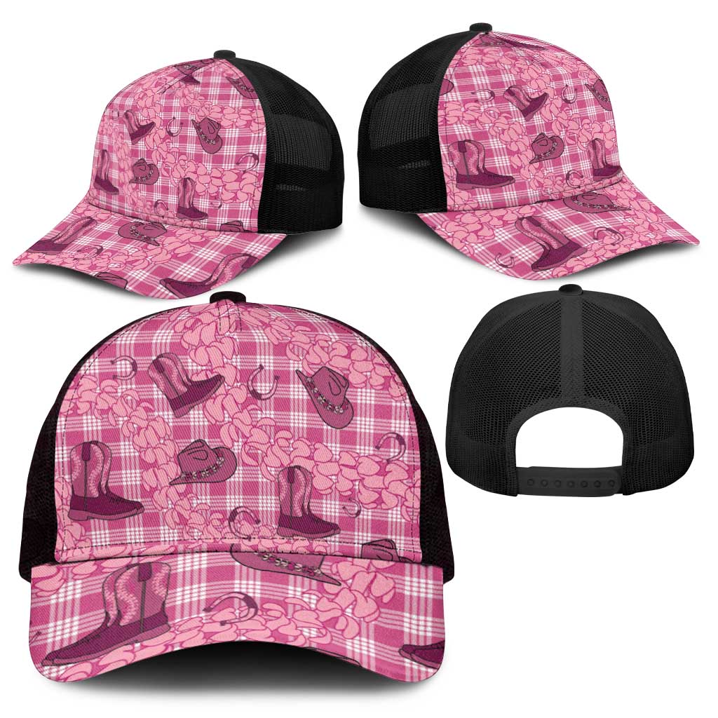 Pink Palaka Hawaii Cowboy Mesh Trucker Cap Puakenikeni Lei Paniolo Papale Seamless Vibes - Polynesian Pride
