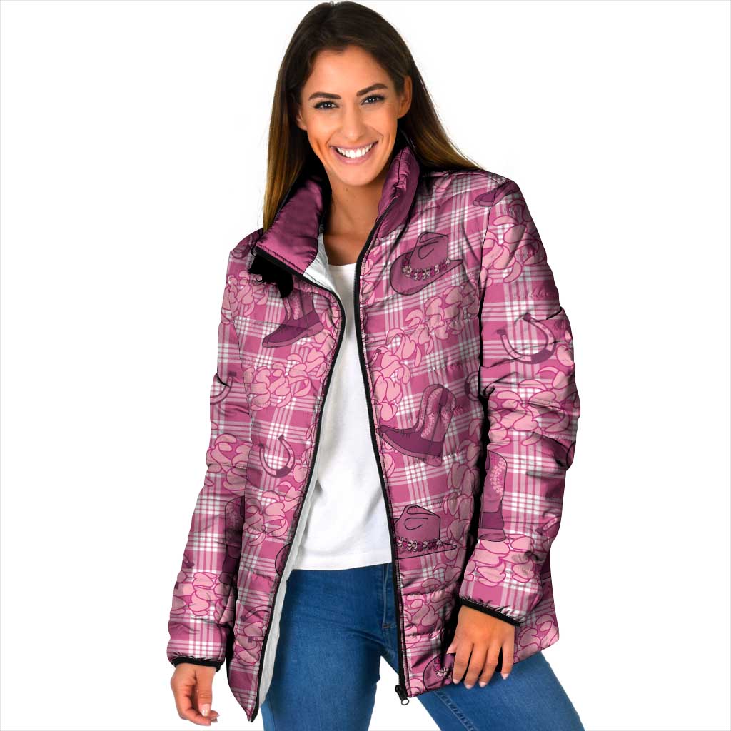 Pink Palaka Hawaii Cowboy Padded Jacket Puakenikeni Lei Paniolo Papale Seamless Vibes LT14 Women Pink - Polynesian Pride