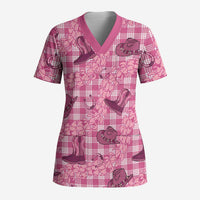 Pink Palaka Hawaii Cowboy Scrub Top Puakenikeni Lei Paniolo Papale Seamless Vibes - Polynesian Pride