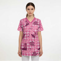 Pink Palaka Hawaii Cowboy Scrub Top Puakenikeni Lei Paniolo Papale Seamless Vibes - Polynesian Pride