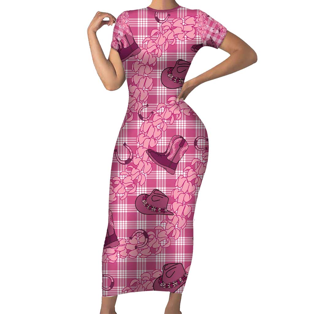 Pink Palaka Hawaii Cowboy Short Sleeve Bodycon Dress Puakenikeni Lei Paniolo Papale Seamless Vibes - Polynesian Pride