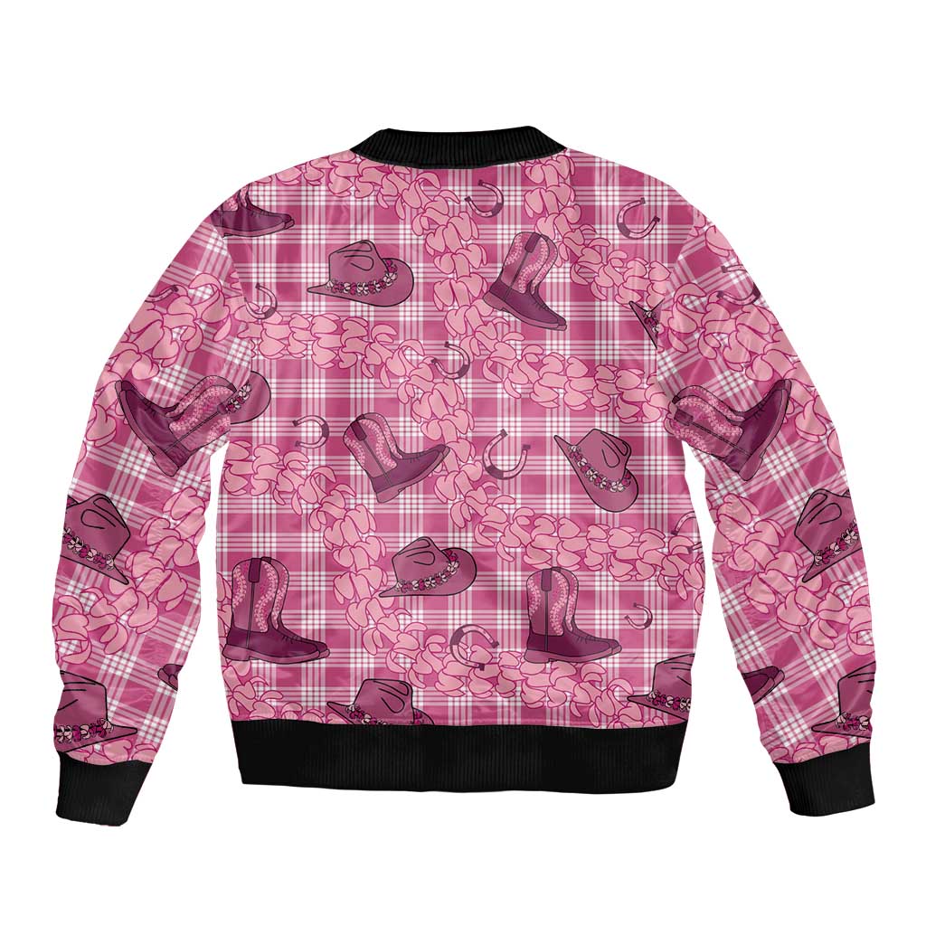 Pink Palaka Hawaii Cowboy Sleeve Zip Bomber Jacket Puakenikeni Lei Paniolo Papale Seamless Vibes LT14 - Polynesian Pride