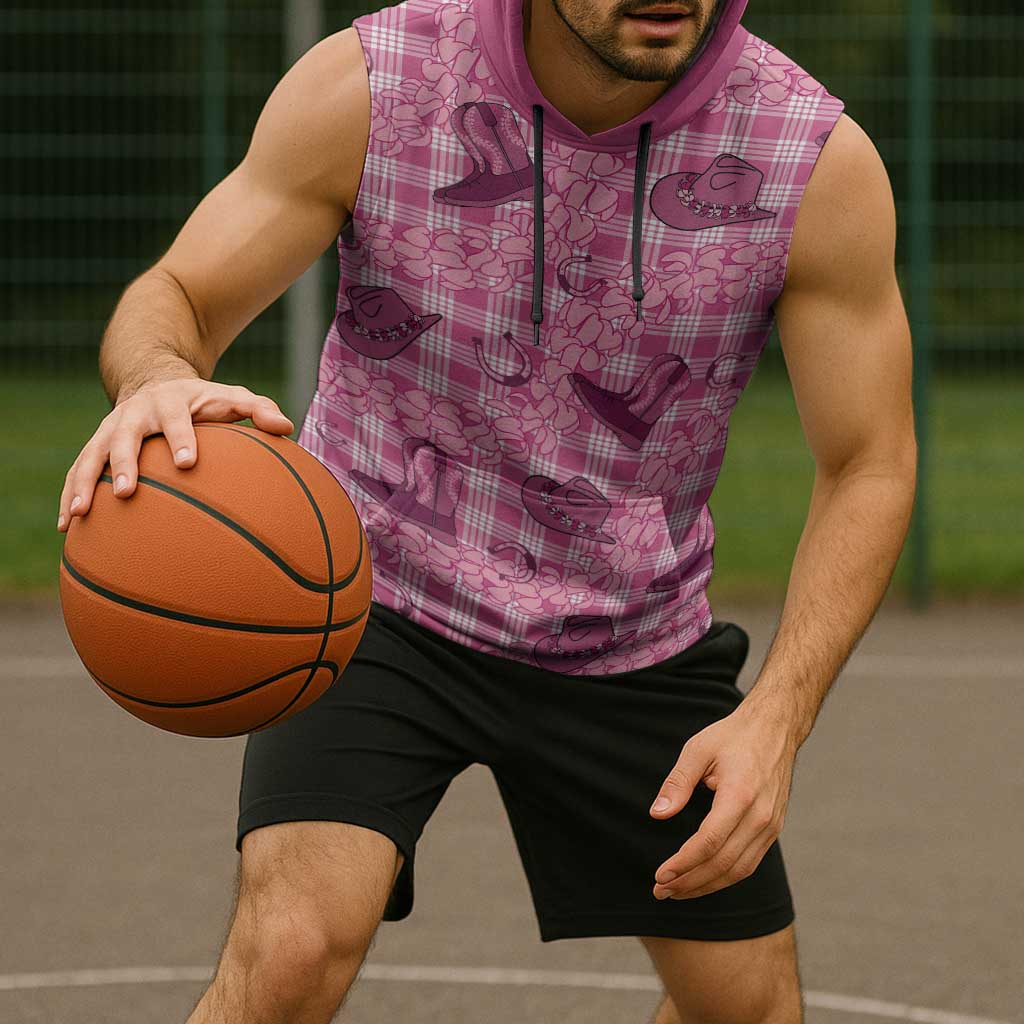 Pink Palaka Hawaii Cowboy Sleeveless Hoodie Puakenikeni Lei Paniolo Papale Seamless Vibes - Polynesian Pride