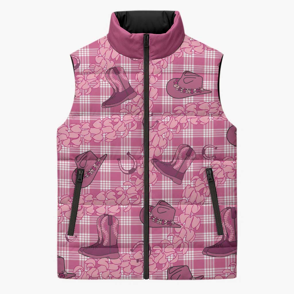 Pink Palaka Hawaii Cowboy Sleeveless Puffer Jacket Puakenikeni Lei Paniolo Papale Seamless Vibes LT14 Unisex Pink - Polynesian Pride