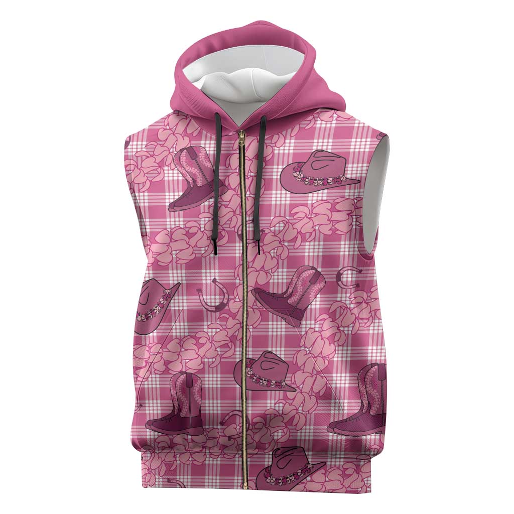 Pink Palaka Hawaii Cowboy Sleeveless Zip Hoodie Puakenikeni Lei Paniolo Papale Seamless Vibes - Polynesian Pride