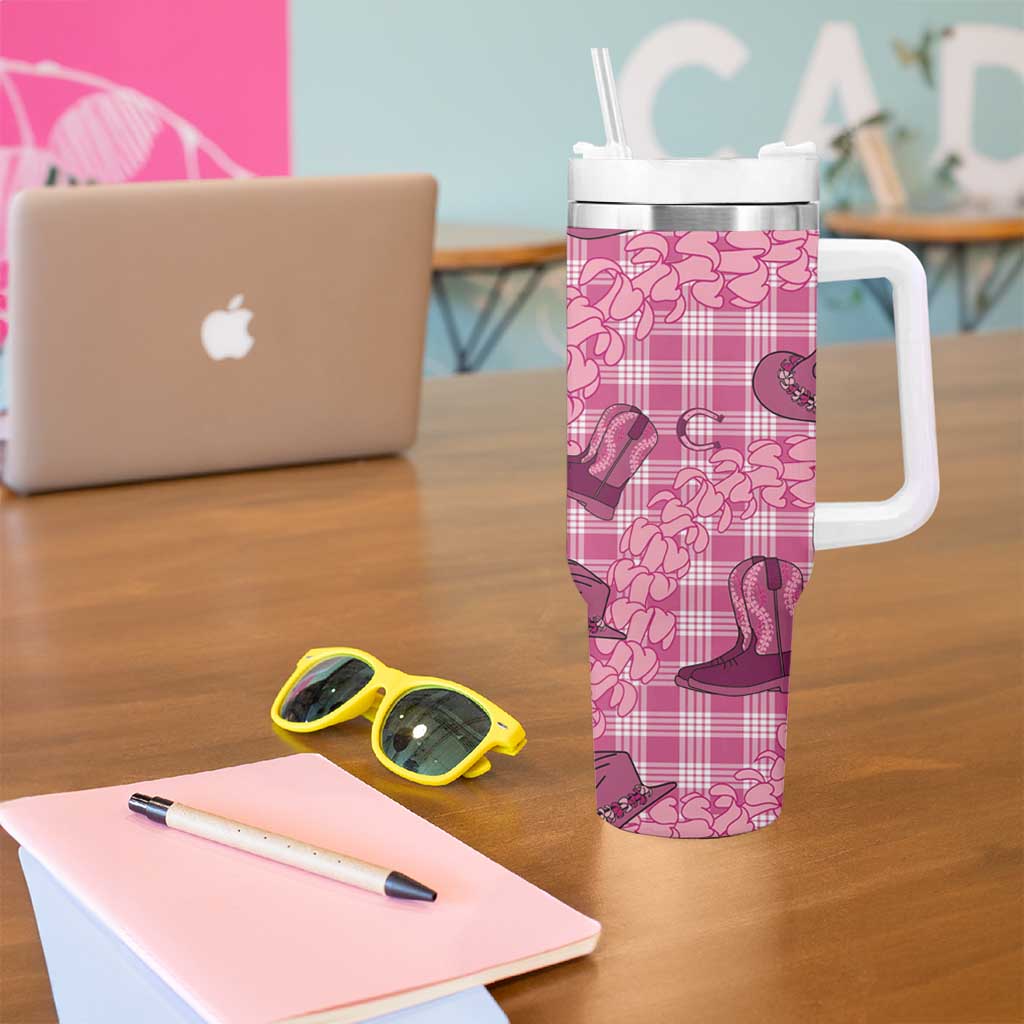 Pink Palaka Hawaii Cowboy Tumbler With Handle Puakenikeni Lei Paniolo Papale Seamless Vibes - Polynesian Pride