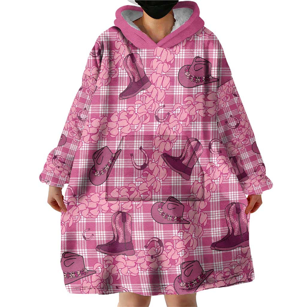 Pink Palaka Hawaii Cowboy Wearable Blanket Hoodie Puakenikeni Lei Paniolo Papale Seamless Vibes - Polynesian Pride