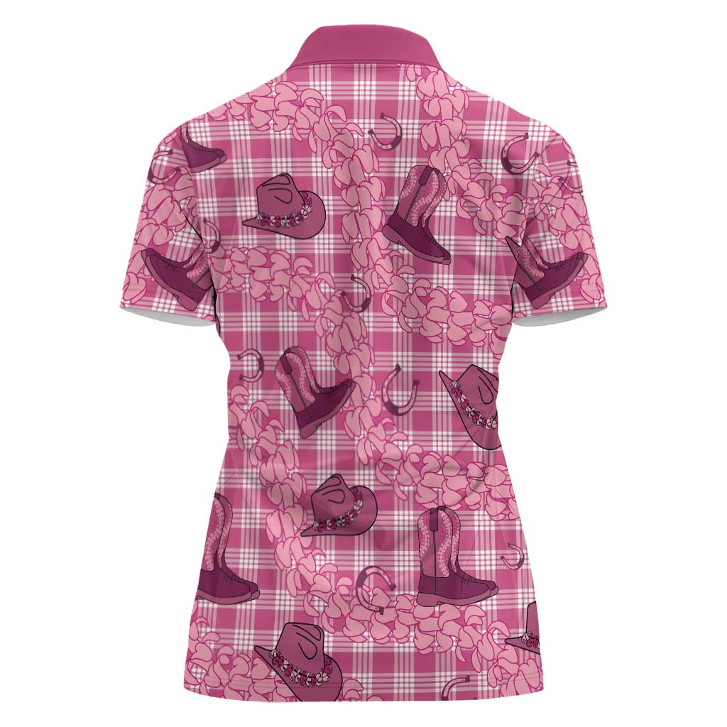 Pink Palaka Hawaii Cowboy Women Polo Shirt Puakenikeni Lei Paniolo Papale Seamless Vibes - Polynesian Pride
