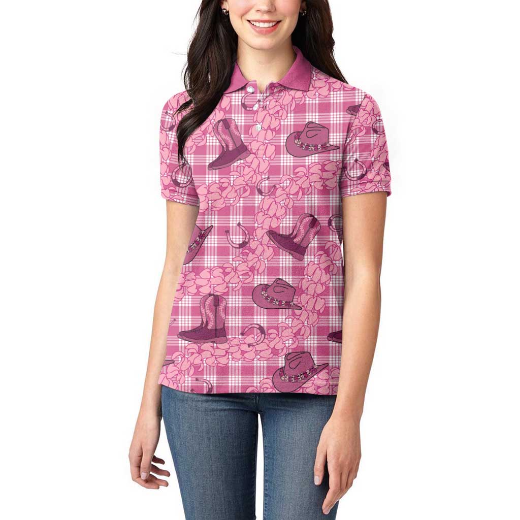 Pink Palaka Hawaii Cowboy Women Polo Shirt Puakenikeni Lei Paniolo Papale Seamless Vibes - Polynesian Pride