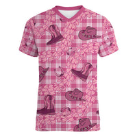 Pink Palaka Hawaii Cowboy Women V-Neck T-Shirt Puakenikeni Lei Paniolo Papale Seamless Vibes LT14 Female Pink - Polynesian Pride