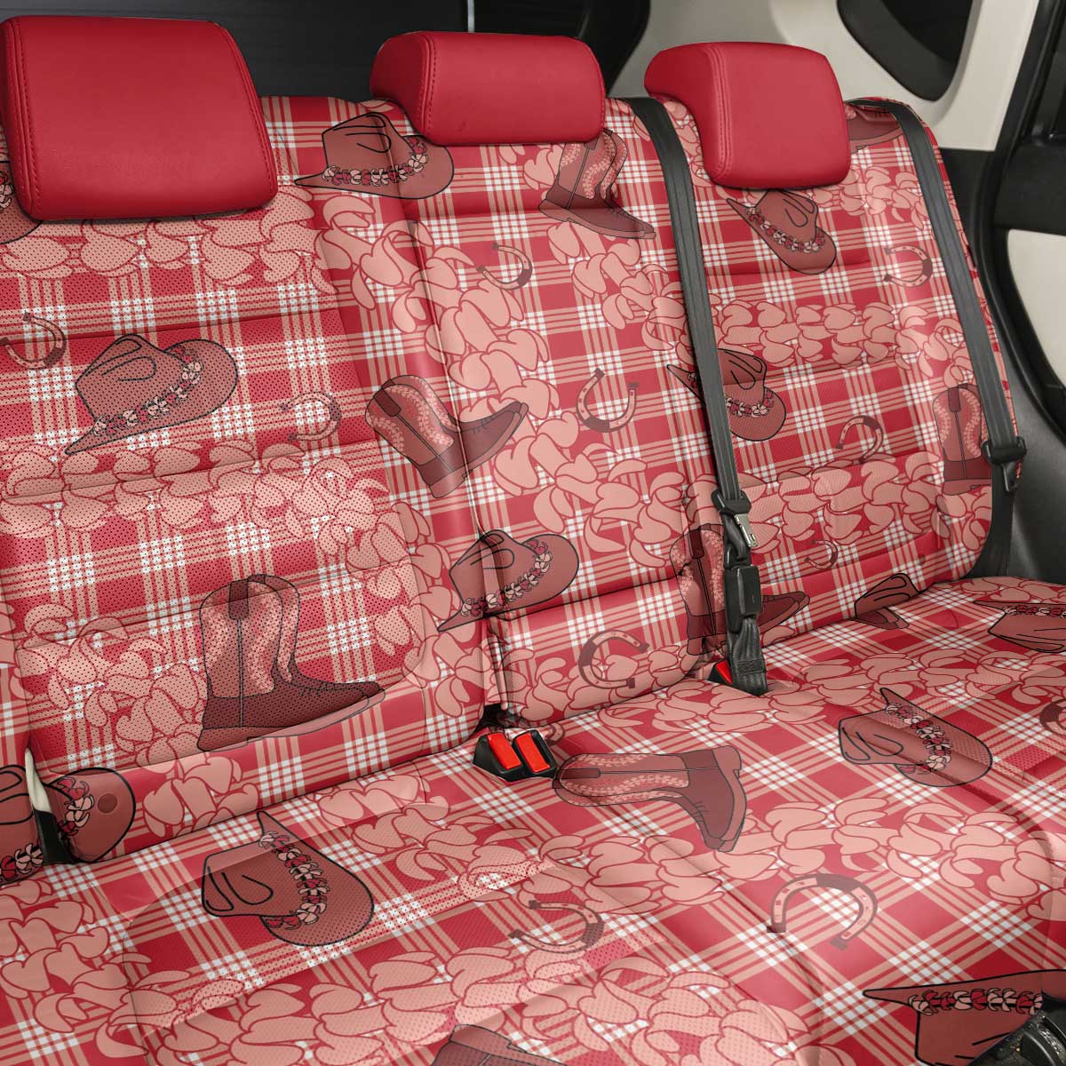 Red Palaka Hawaii Cowboy Back Car Seat Cover Puakenikeni Lei Paniolo Papale Seamless Vibes LT14 - Polynesian Pride