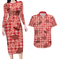 Red Palaka Hawaii Cowboy Couples Matching Long Sleeve Bodycon Dress and Hawaiian Shirt Puakenikeni Lei Paniolo Papale Seamless Vibes - Polynesian Pride