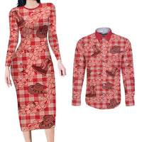 Red Palaka Hawaii Cowboy Couples Matching Long Sleeve Bodycon Dress and Long Sleeve Button Shirt Puakenikeni Lei Paniolo Papale Seamless Vibes - Polynesian Pride