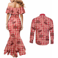 Red Palaka Hawaii Cowboy Couples Matching Mermaid Dress and Long Sleeve Button Shirt Puakenikeni Lei Paniolo Papale Seamless Vibes - Polynesian Pride