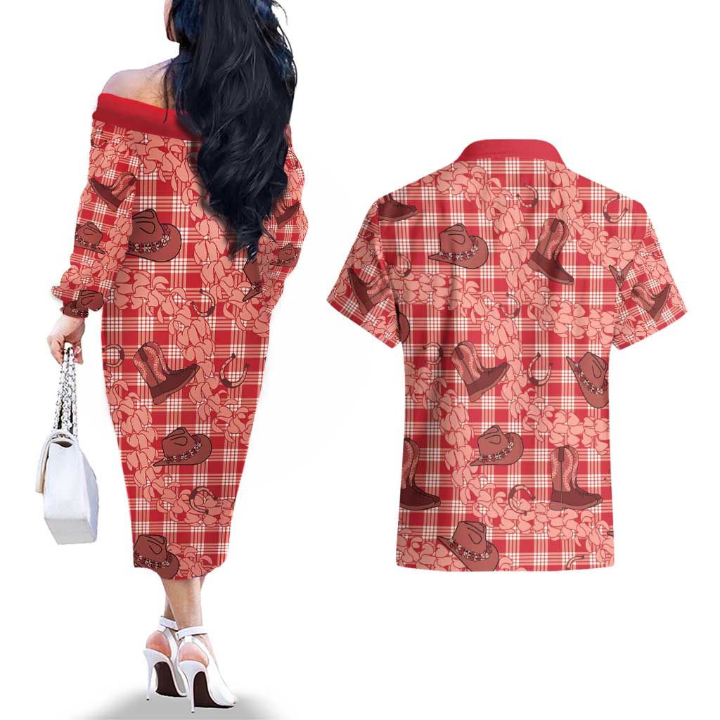 Red Palaka Hawaii Cowboy Couples Matching Off The Shoulder Long Sleeve Dress and Hawaiian Shirt Puakenikeni Lei Paniolo Papale Seamless Vibes - Polynesian Pride